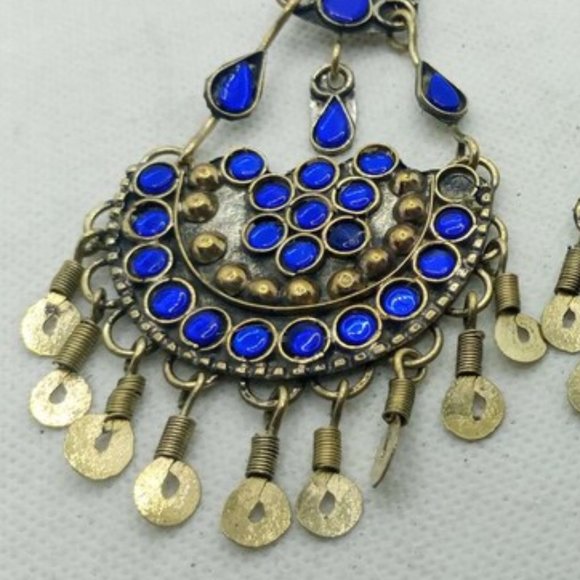 Glass Stones Kuchi Earrings With Dangling Tassels, Tribal Dangle Earrings - Picture 5 of 7